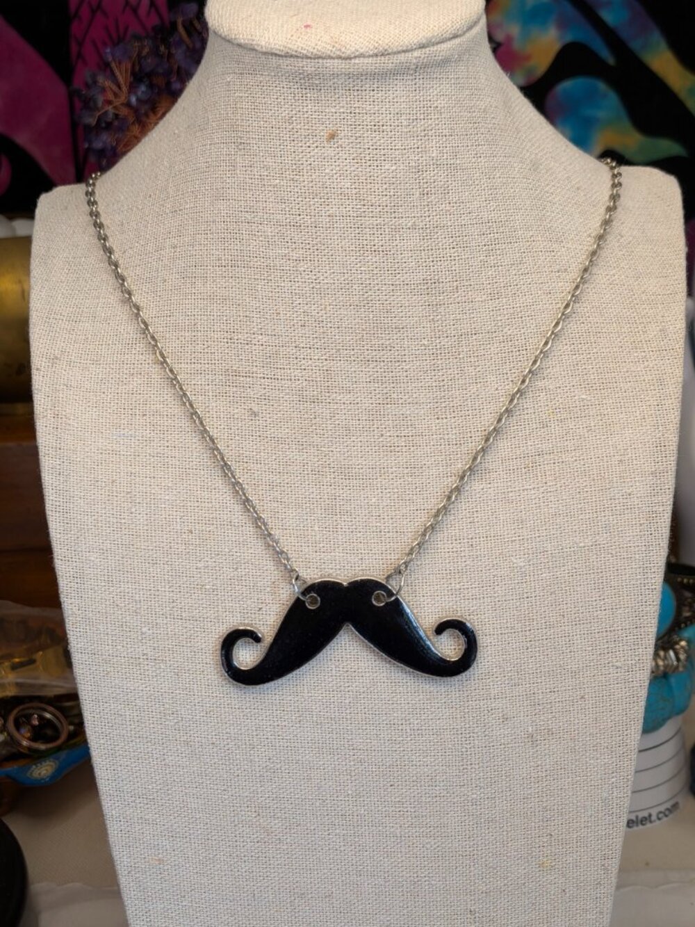 Black Enamel Mustache Pendant Necklace